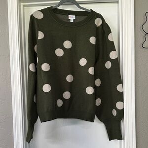 LuLaRoe Piper Olive Green Balloon Sleeve Sweater with Cream Polka Dots